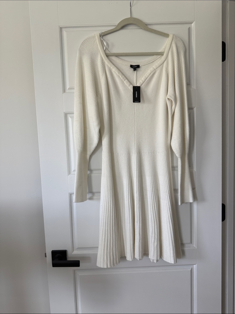 Express Cream Ribbed Long-Sleeve Fit & Flare Dress